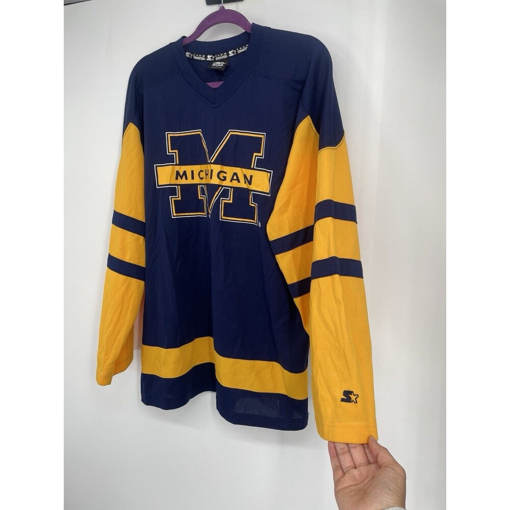 Vintage 90s Starter Michigan Wolverines Hockey Jersey Blue Yellow Large